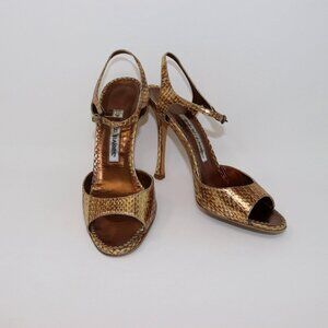 Manolo Blahnik 38 Metallic Gold Stiletto Sandal Heels Snakeskin